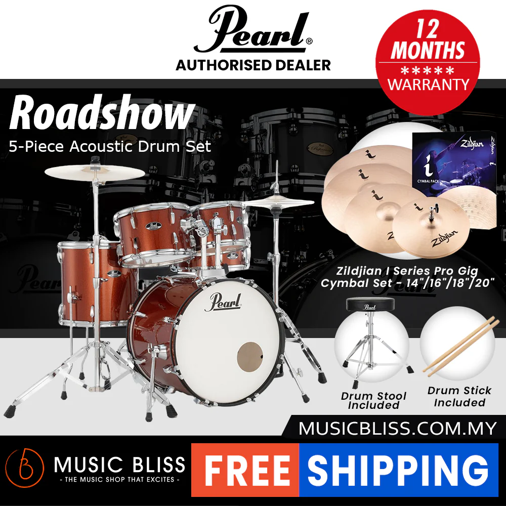 Pearl Roadshow 5-piece Drum Set with Drumstick and Throne - 22 Inch Bass Drum - Burnt Orange Sparkle - Image 6