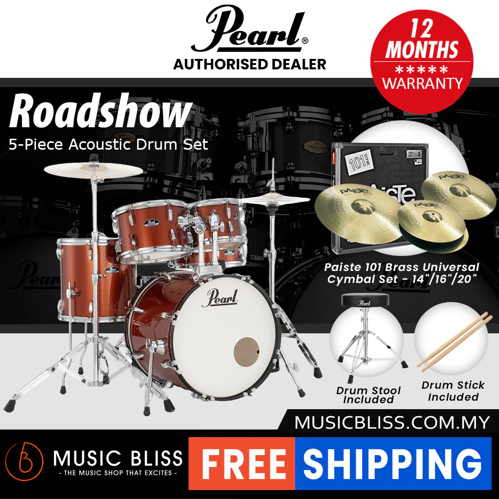 Pearl Roadshow 5-piece Drum Set with Drumstick and Throne - 22 Inch Bass Drum - Burnt Orange Sparkle - Image 7