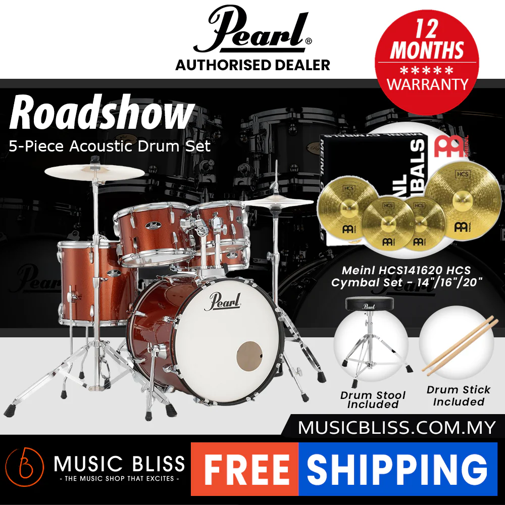Pearl Roadshow 5-piece Drum Set with Drumstick and Throne - 22 Inch Bass Drum - Burnt Orange Sparkle - Image 8