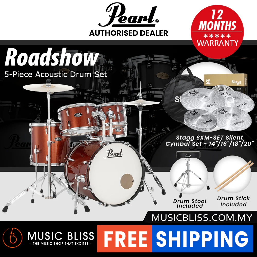 Pearl Roadshow 5-piece Drum Set with Drumstick and Throne - 22 Inch Bass Drum - Burnt Orange Sparkle - Image 9