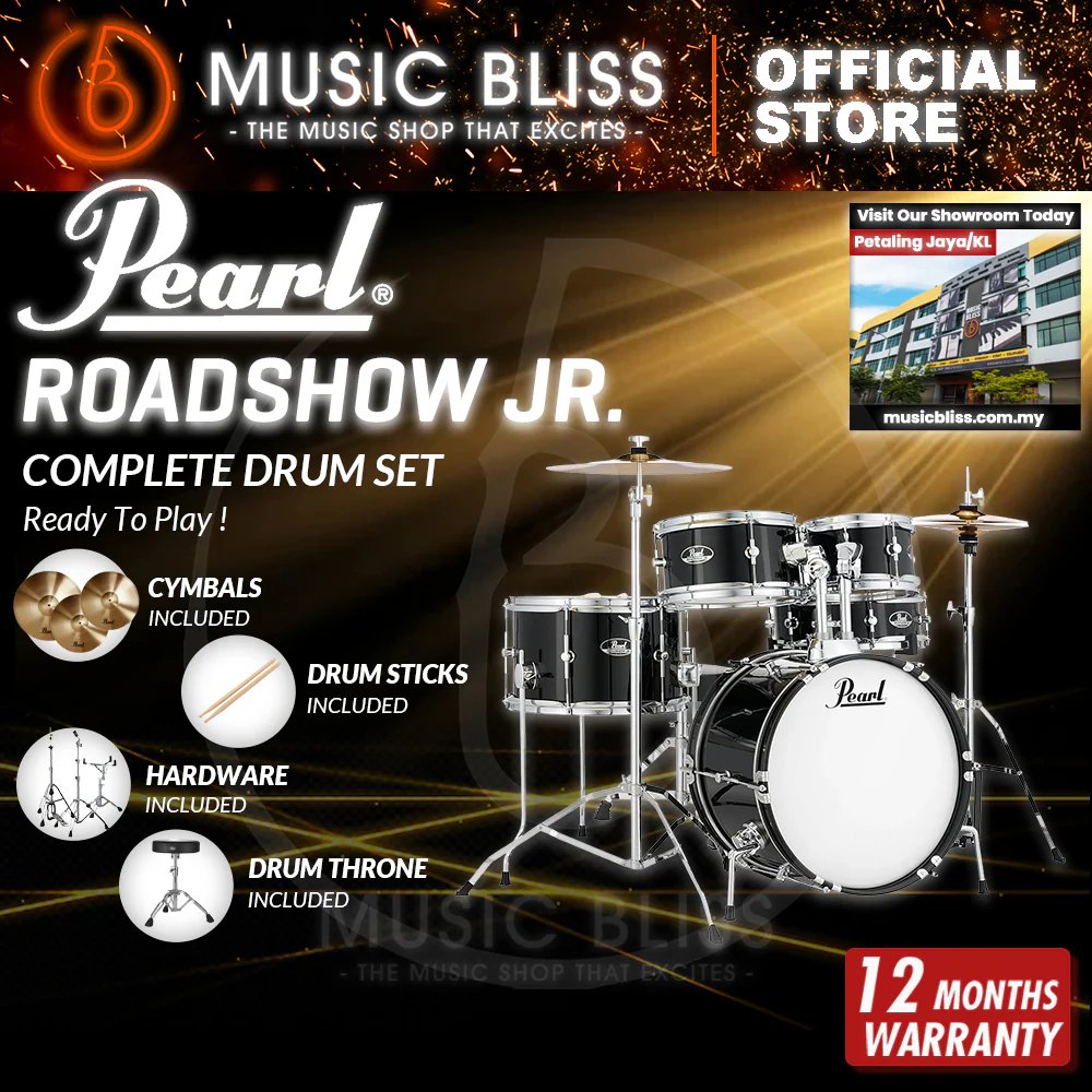 Pearl Roadshow Junior 5-piece Complete Drum Set with Cymbals and Hardware - Jet Black