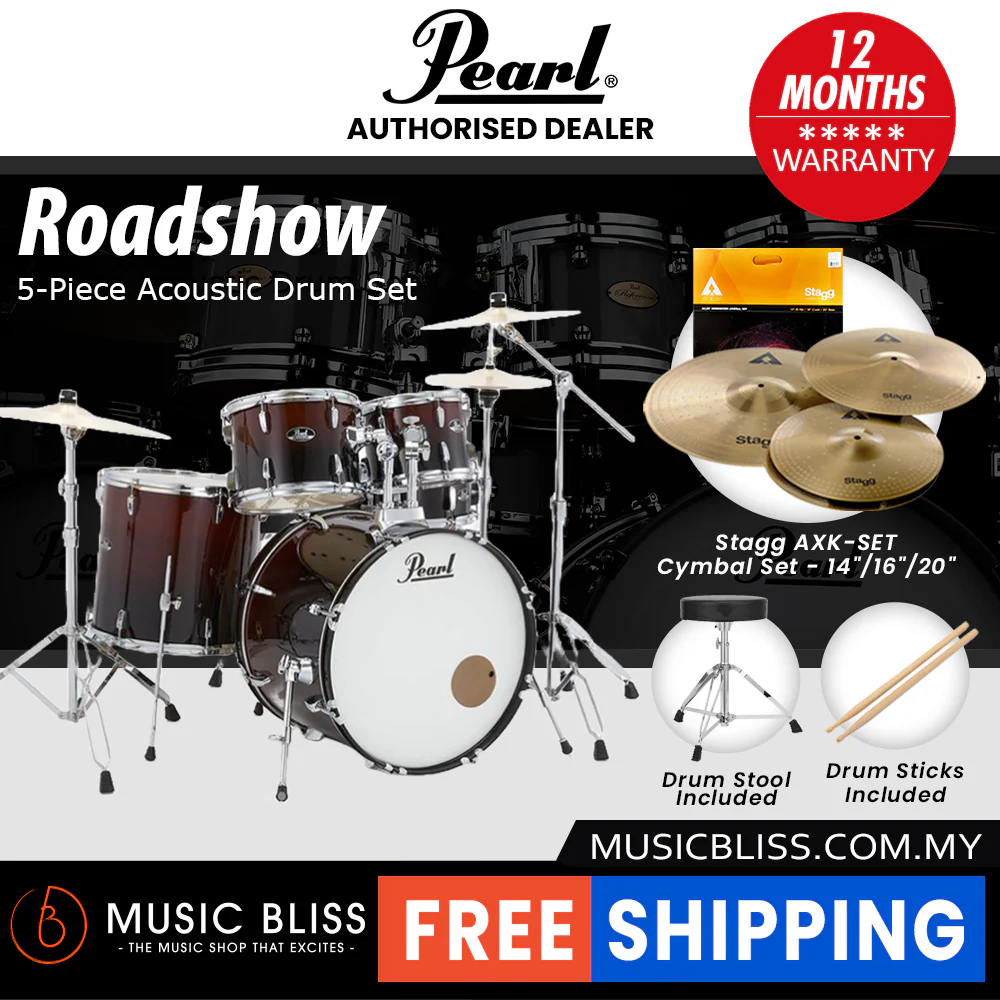 Pearl Roadshow 5-piece Drum Set with Drumstick and Throne - 22 Inch Bass Drum - Garnet Fade - Image 2