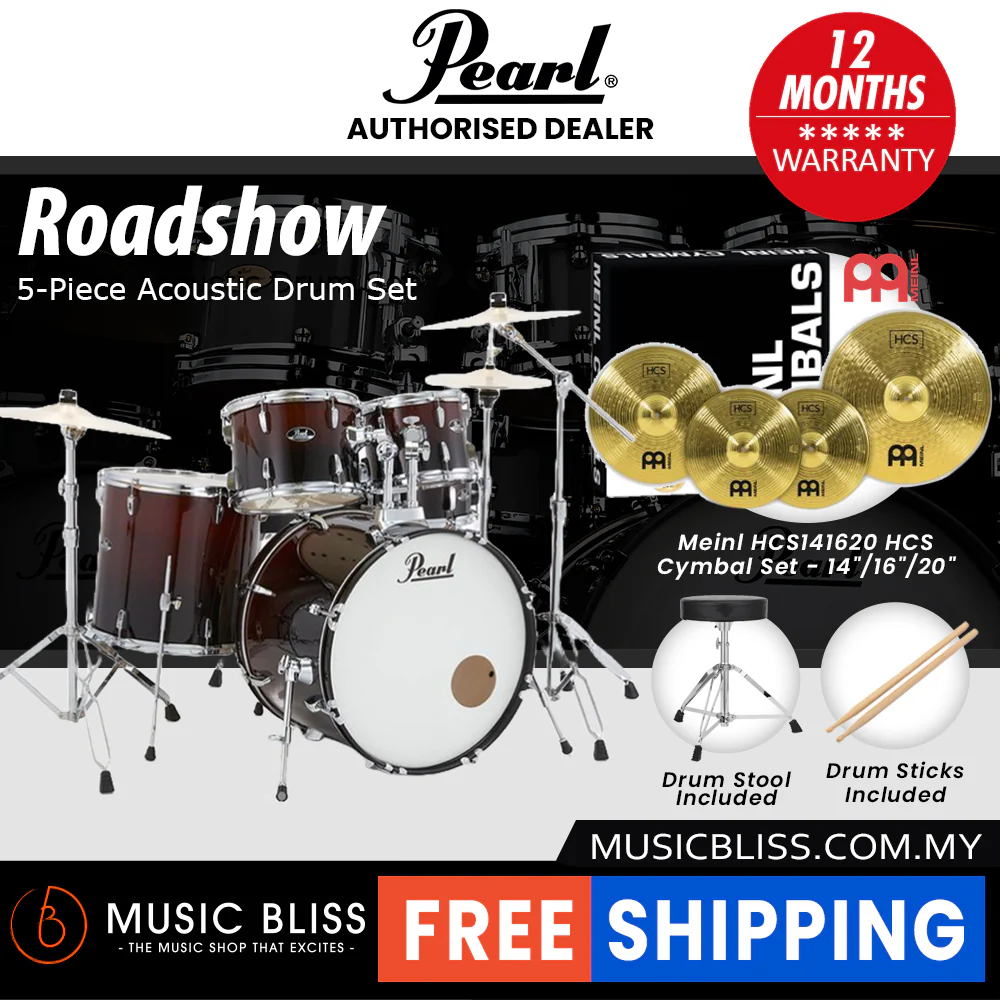 Pearl Roadshow 5-piece Drum Set with Drumstick and Throne - 22 Inch Bass Drum - Garnet Fade - Image 3