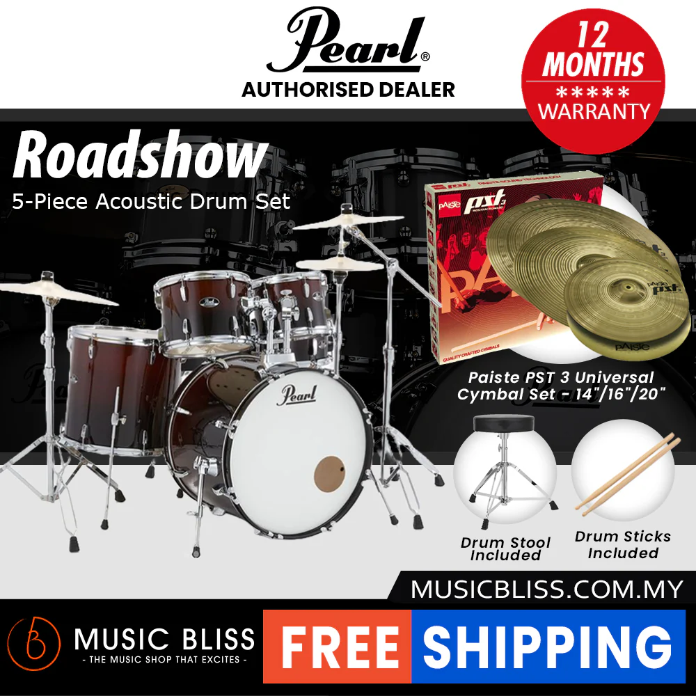 Pearl Roadshow 5-piece Drum Set with Drumstick and Throne - 22 Inch Bass Drum - Garnet Fade - Image 9