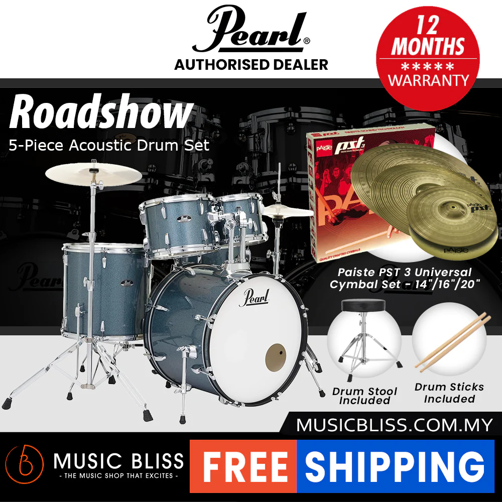 Pearl Roadshow 5-piece Drum Set with Drumstick and Throne - 22 Inch Bass Drum - Aqua Blue Glitter - Image 8