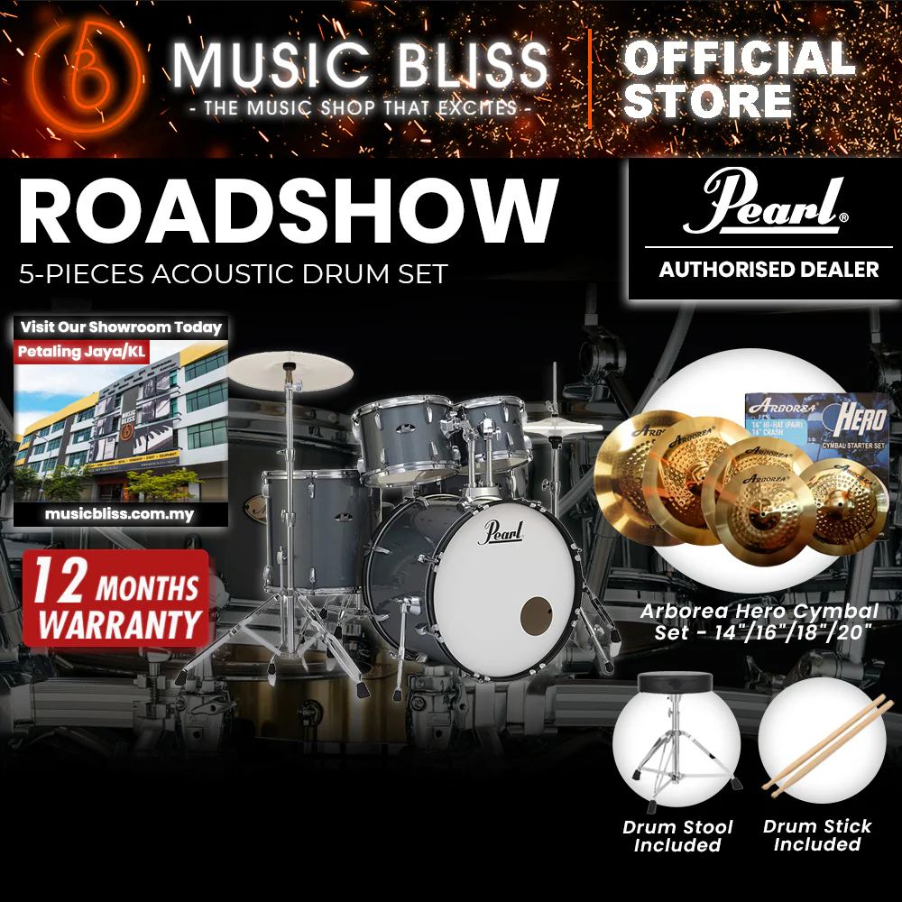 Pearl Roadshow 5-piece Drum Set with Drumstick and Throne - 22 Inch Bass Drum - Charcoal Metallic - Image 10