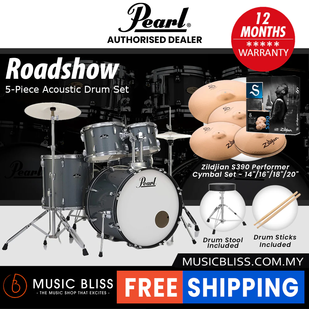 Pearl Roadshow 5-piece Drum Set with Drumstick and Throne - 22 Inch Bass Drum - Charcoal Metallic - Image 7