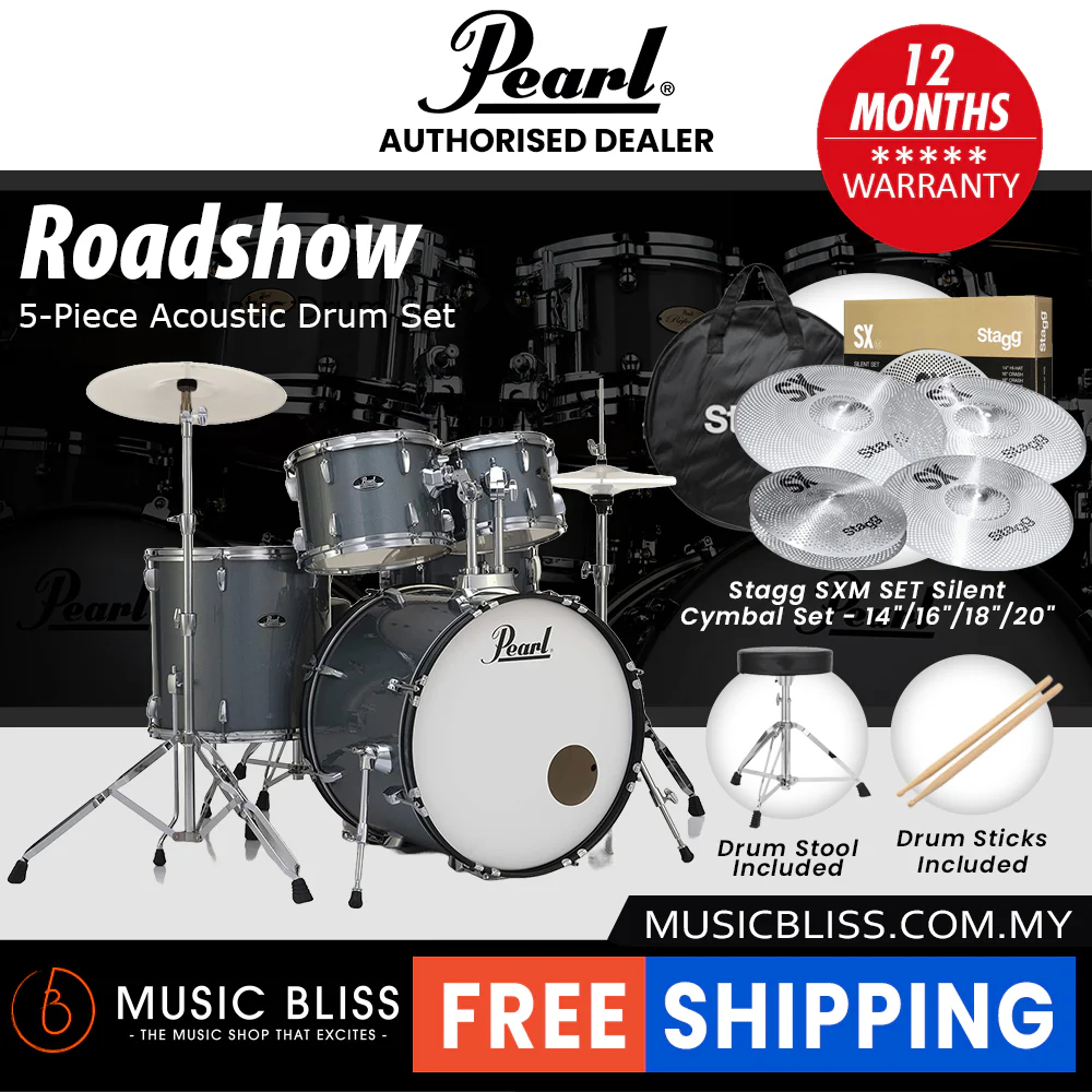 Pearl Roadshow 5-piece Drum Set with Drumstick and Throne - 22 Inch Bass Drum - Charcoal Metallic - Image 9