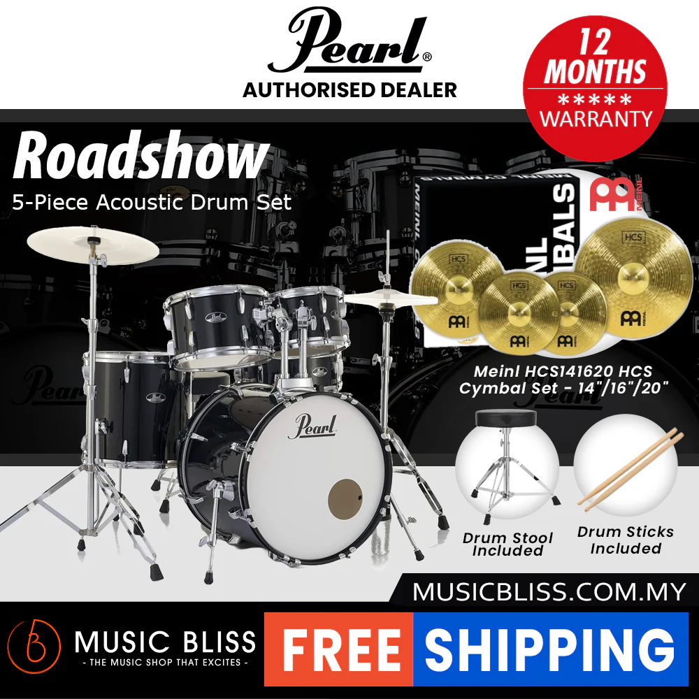 Pearl Roadshow 5-piece Drum Set with Drumstick and Throne - 22 Inch Bass Drum - Jet Black - Image 3