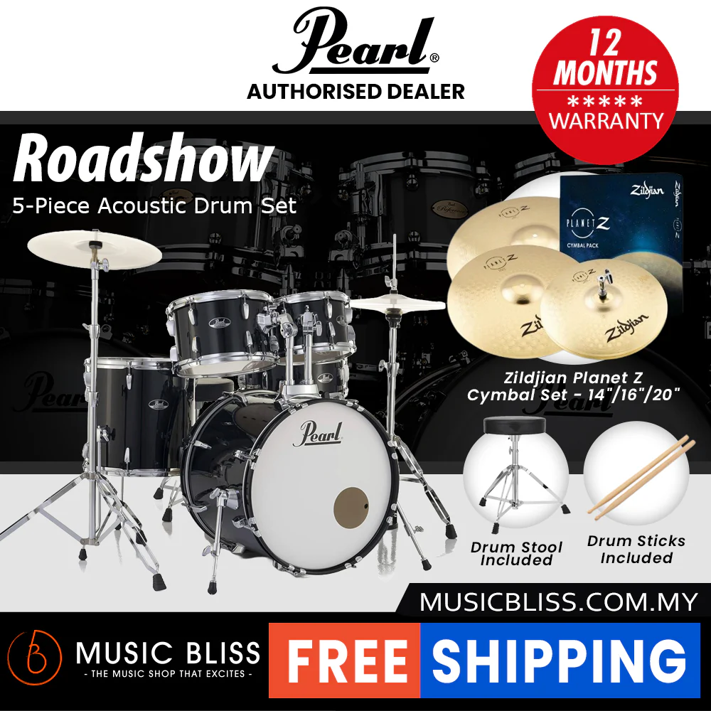 Pearl Roadshow 5-piece Drum Set with Drumstick and Throne - 22 Inch Bass Drum - Jet Black - Image 4