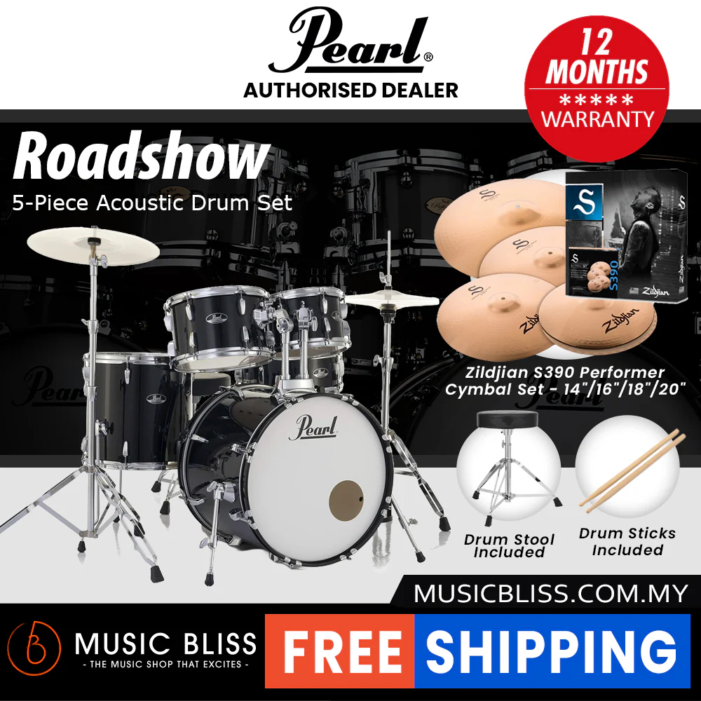 Pearl Roadshow 5-piece Drum Set with Drumstick and Throne - 22 Inch Bass Drum - Jet Black - Image 7