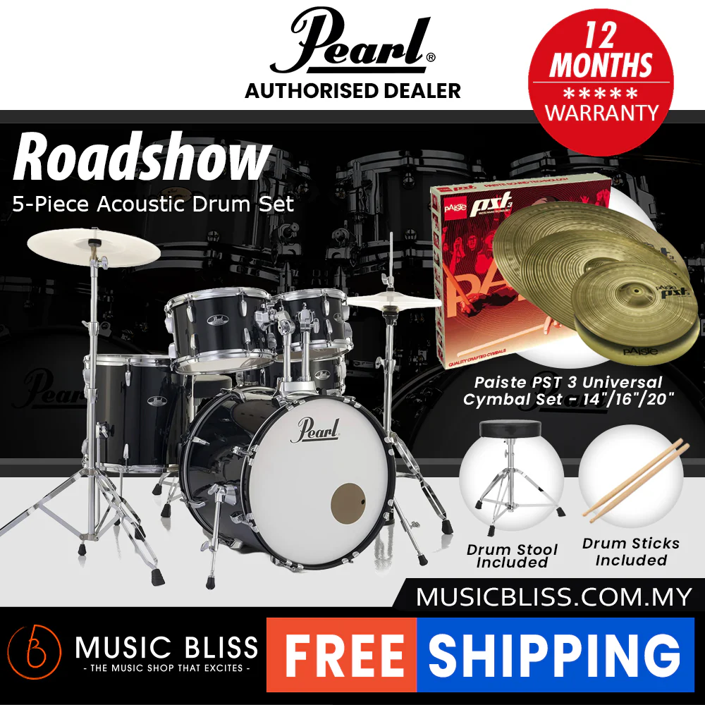 Pearl Roadshow 5-piece Drum Set with Drumstick and Throne - 22 Inch Bass Drum - Jet Black - Image 8
