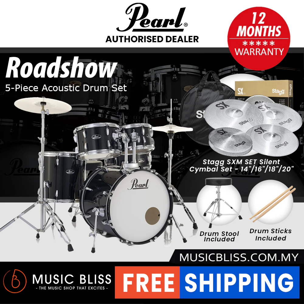 Pearl Roadshow 5-piece Drum Set with Drumstick and Throne - 22 Inch Bass Drum - Jet Black - Image 9