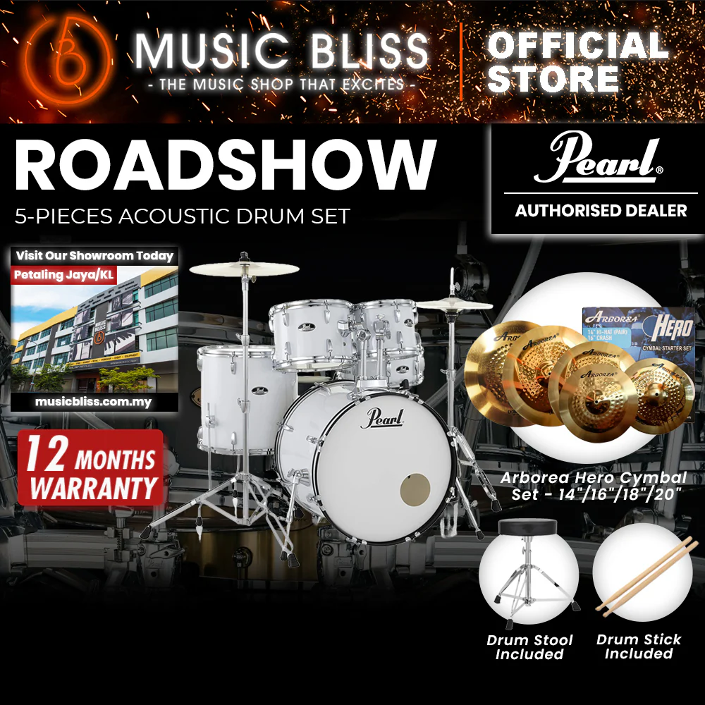 Pearl Roadshow 5-piece Drum Set with Drumstick and Throne - 22 Inch Bass Drum - Pure White - Image 11