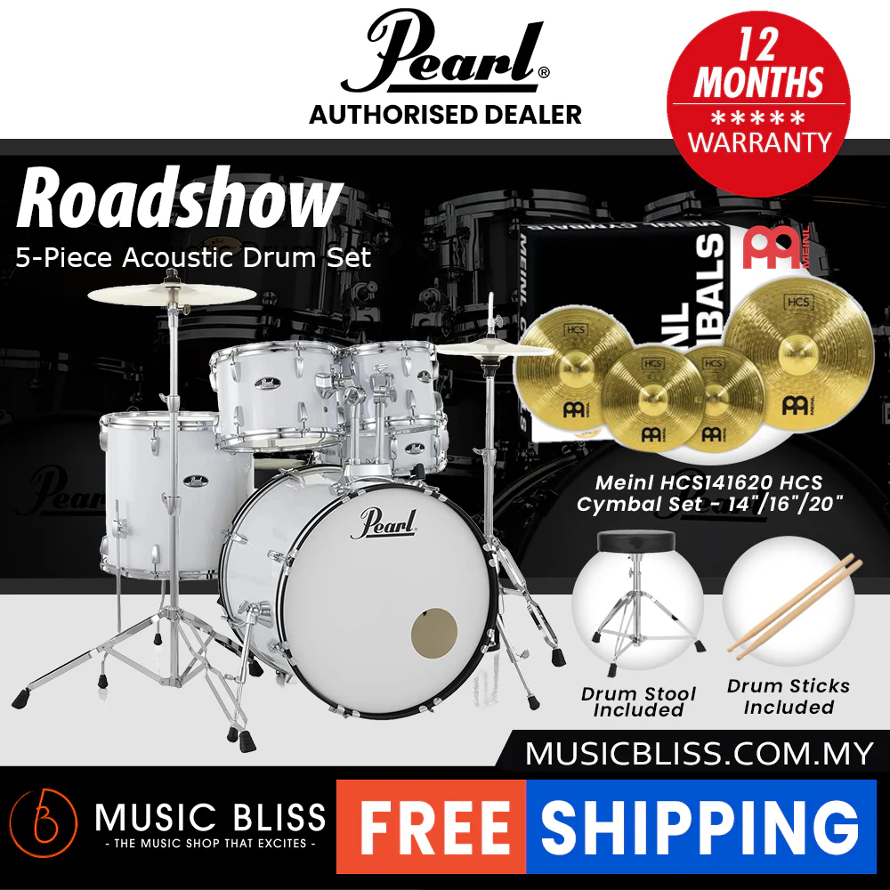 Pearl Roadshow 5-piece Drum Set with Drumstick and Throne - 22 Inch Bass Drum - Pure White - Image 3