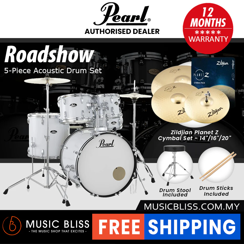Pearl Roadshow 5-piece Drum Set with Drumstick and Throne - 22 Inch Bass Drum - Pure White - Image 4