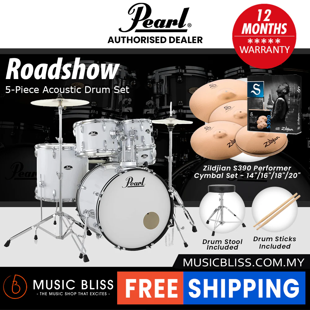 Pearl Roadshow 5-piece Drum Set with Drumstick and Throne - 22 Inch Bass Drum - Pure White - Image 7