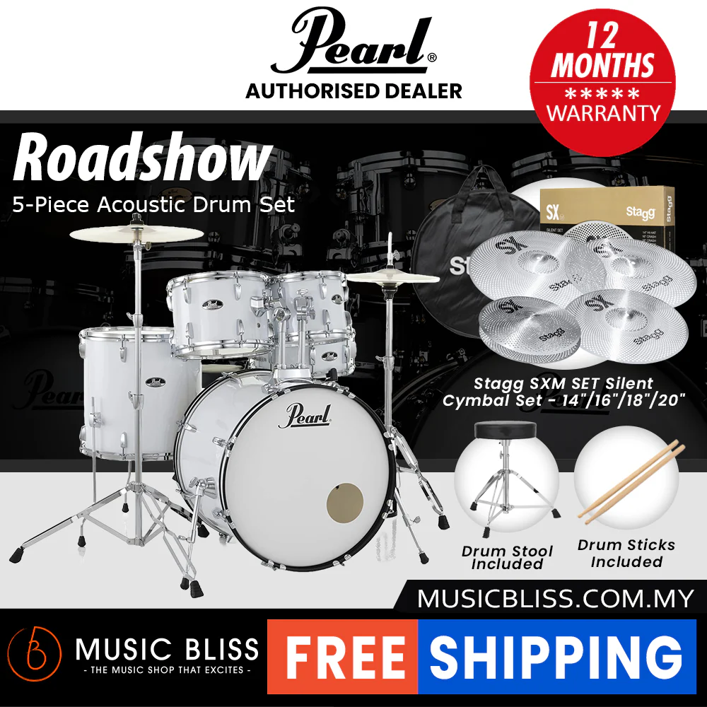 Pearl Roadshow 5-piece Drum Set with Drumstick and Throne - 22 Inch Bass Drum - Pure White - Image 9