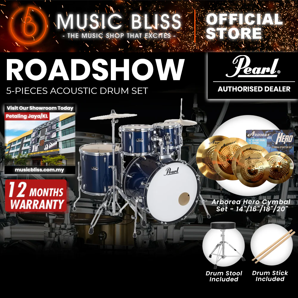 Pearl Roadshow 5-piece Drum Set with Drumstick and Throne - 22 Inch Bass Drum - Royal Blue Metallic - Image 10