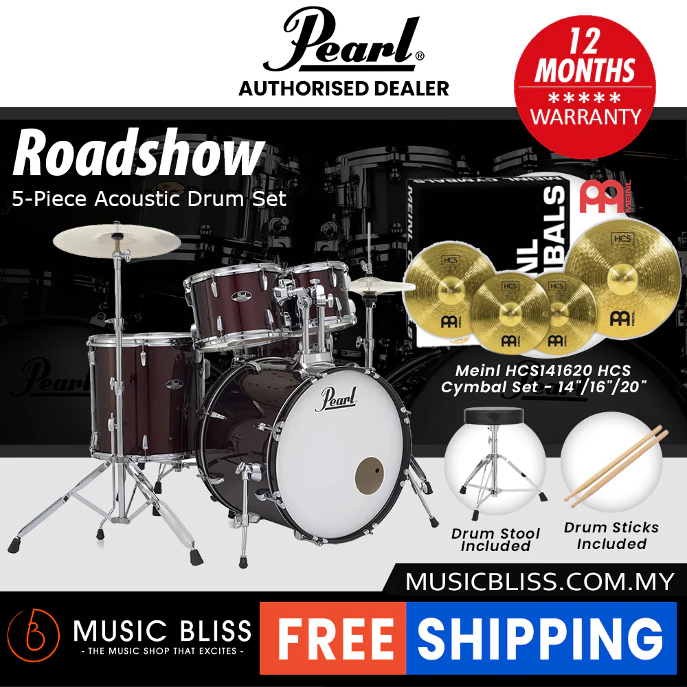 Pearl Roadshow 5-piece Drum Set with Drumstick and Throne - 22 Inch Bass Drum - Wine Red - Image 3