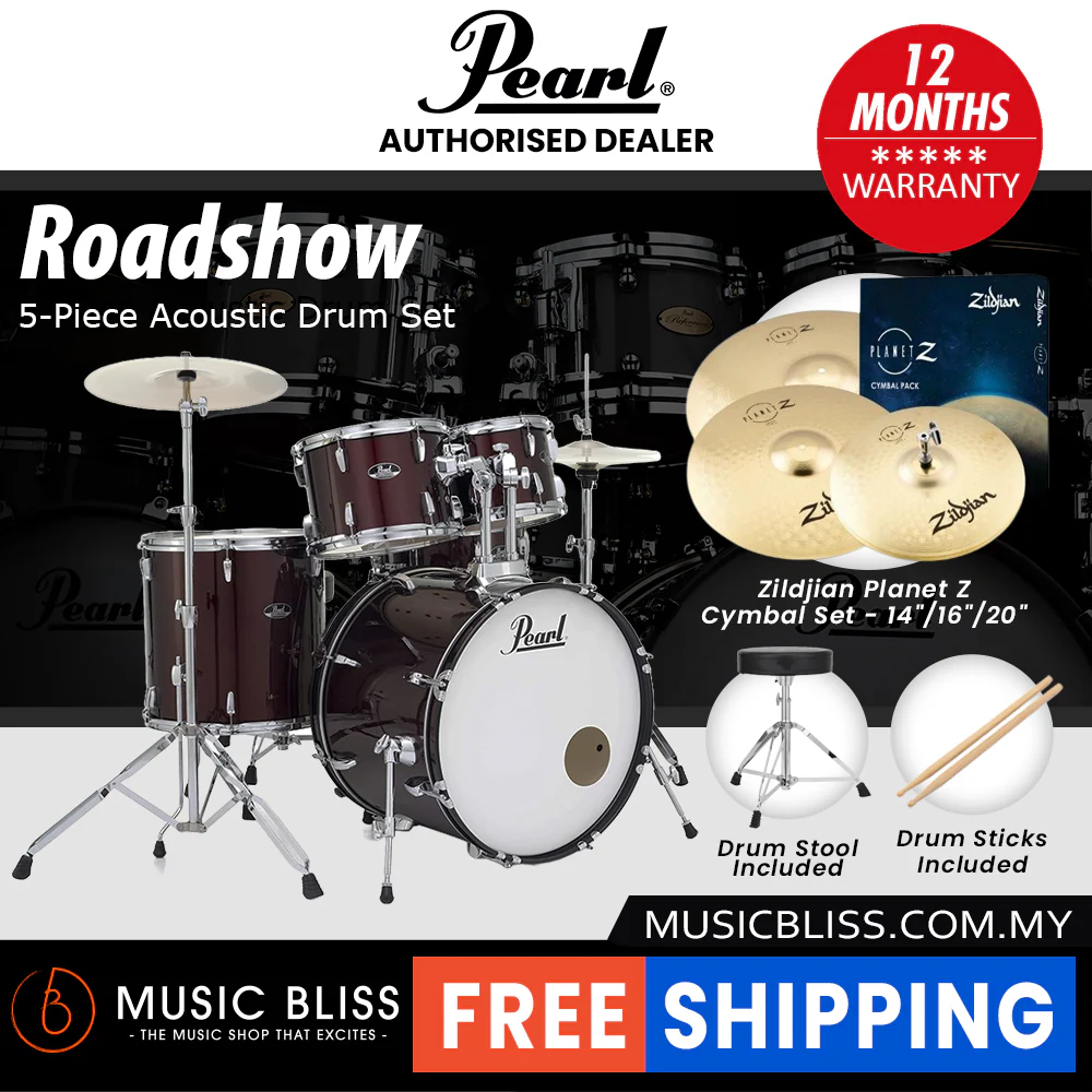 Pearl Roadshow 5-piece Drum Set with Drumstick and Throne - 22 Inch Bass Drum - Wine Red - Image 4