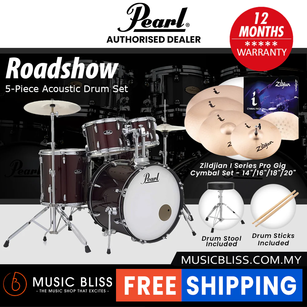 Pearl Roadshow 5-piece Drum Set with Drumstick and Throne - 22 Inch Bass Drum - Wine Red - Image 6