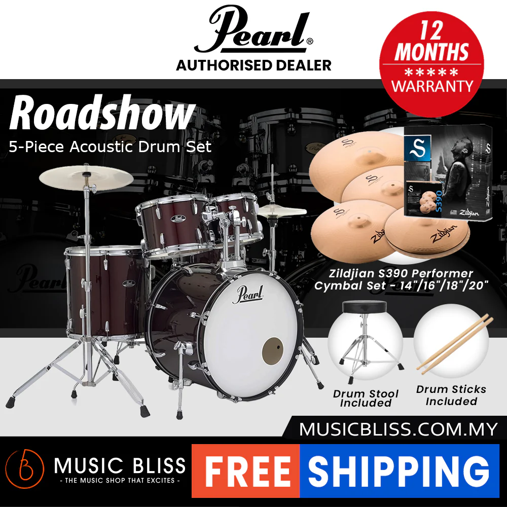 Pearl Roadshow 5-piece Drum Set with Drumstick and Throne - 22 Inch Bass Drum - Wine Red - Image 7
