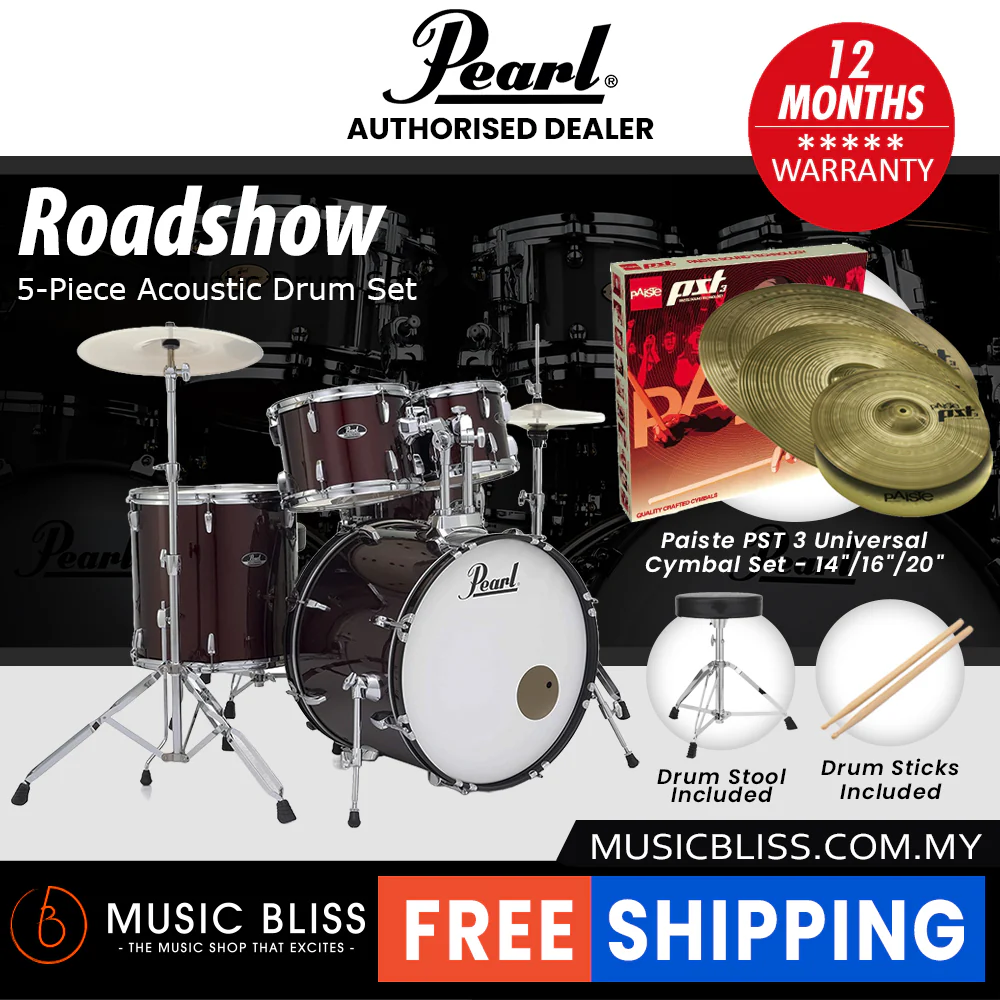 Pearl Roadshow 5-piece Drum Set with Drumstick and Throne - 22 Inch Bass Drum - Wine Red - Image 8