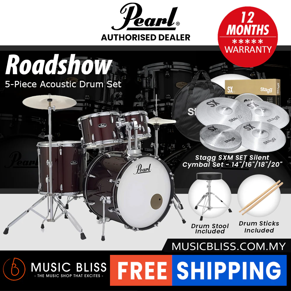 Pearl Roadshow 5-piece Drum Set with Drumstick and Throne - 22 Inch Bass Drum - Wine Red - Image 9