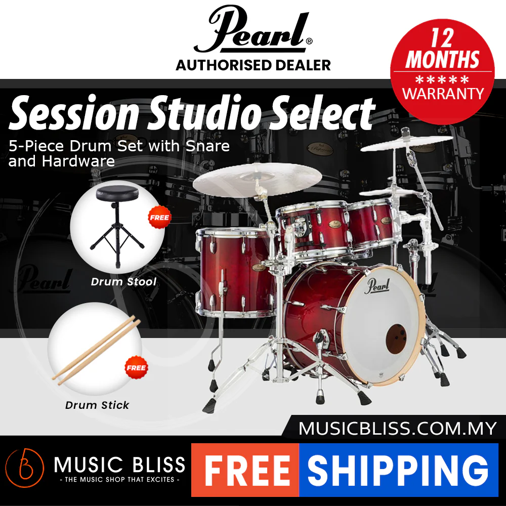 Pearl Session Studio Select 4-Piece Drum Set with Snare and Hardware, Drumstick and Throne - 22 Inch Bass Drum - Antique Crimson Burst