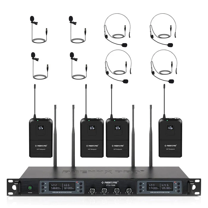 Phenyx Pro Best Budget Wireless PTU-7000-4B 4-channel UHF Wireless Microphone System, with with 4x Bodypacks, 4x Headset Mic, 4x Lapel Mics, 328ft Range, Ideal for Singing, DJ, Church - Image 3