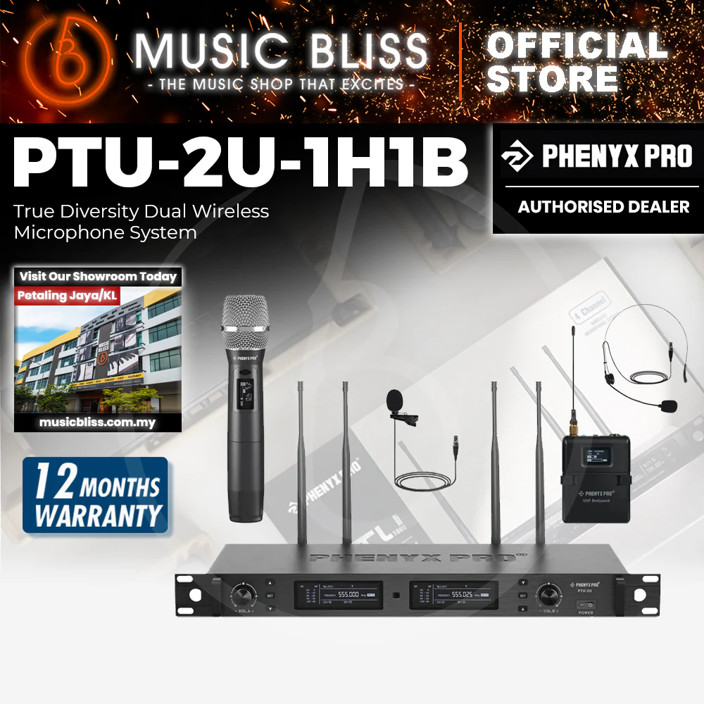 Phenyx Pro PTU-2U-1H1B Wireless Microphone System, True Diversity Dual Cordless Microphone Set w/UHF Handheld Microphone/Bodypack/Headset/Lapel Mics, Auto Scan, 2x1000 Channels for Stage & Studio