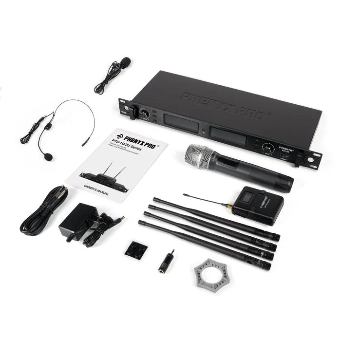 Phenyx Pro PTU-2U-1H1B Wireless Microphone System, True Diversity Dual Cordless Microphone Set w/UHF Handheld Microphone/Bodypack/Headset/Lapel Mics, Auto Scan, 2x1000 Channels for Stage & Studio - Image 2