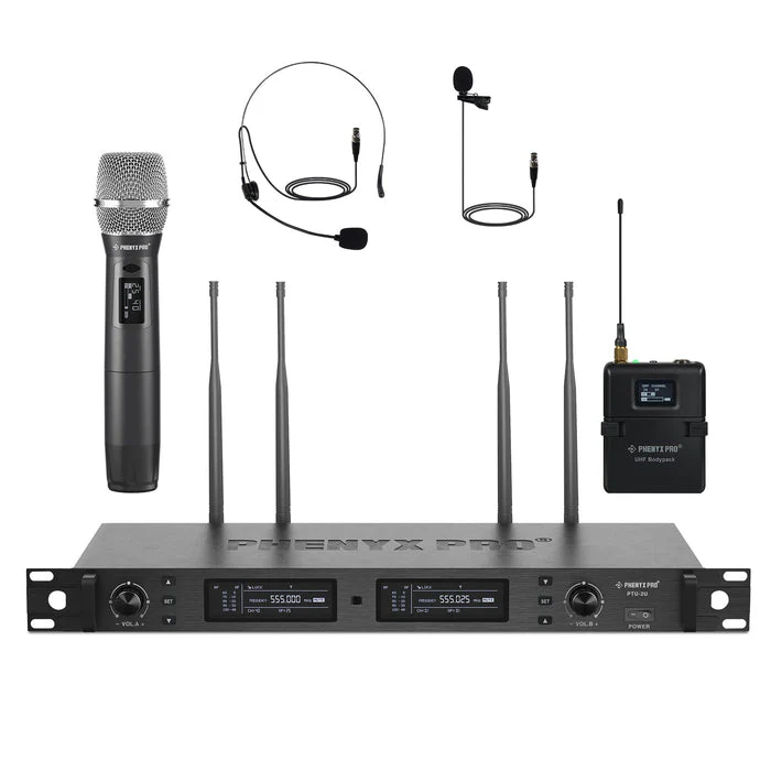 Phenyx Pro PTU-2U-1H1B Wireless Microphone System, True Diversity Dual Cordless Microphone Set w/UHF Handheld Microphone/Bodypack/Headset/Lapel Mics, Auto Scan, 2x1000 Channels for Stage & Studio - Image 3