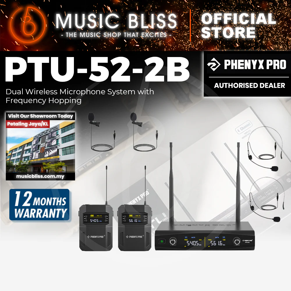 Phenyx Pro PTU-52-2B Wireless Microphone System Dual Wireless Mic Set with Bodypacks Headsets/Lapel Microphones