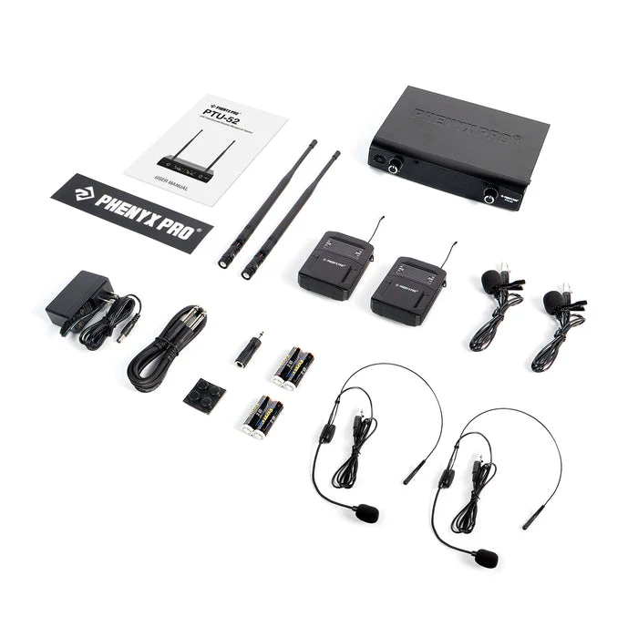 Phenyx Pro PTU-52-2B Wireless Microphone System Dual Wireless Mic Set with Bodypacks Headsets/Lapel Microphones - Image 2