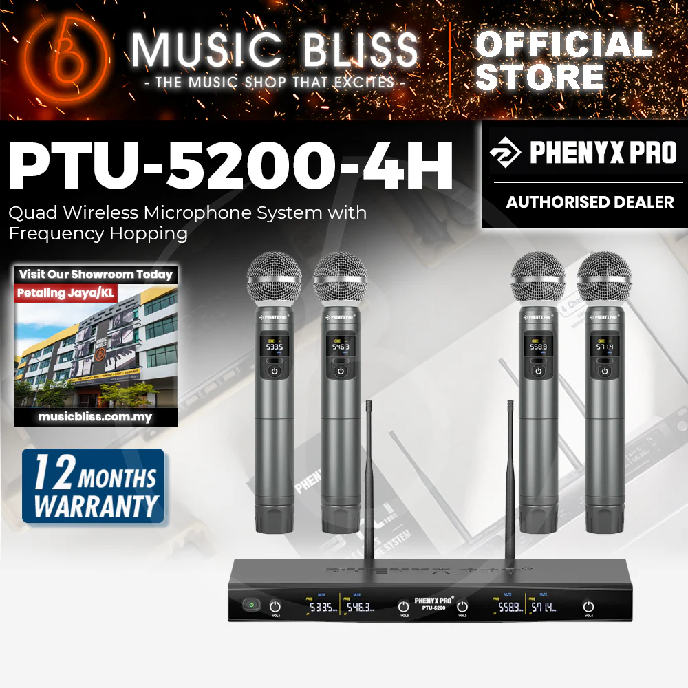 Phenyx Pro PTU-5200-4H Quad UHF Wireless Microphone System, 4 Cordless Mics, 4x25 UHF Adjustable Frequencies, 200ft Range, Dynamic Microphones for Singing, Karaoke, Church, DJ