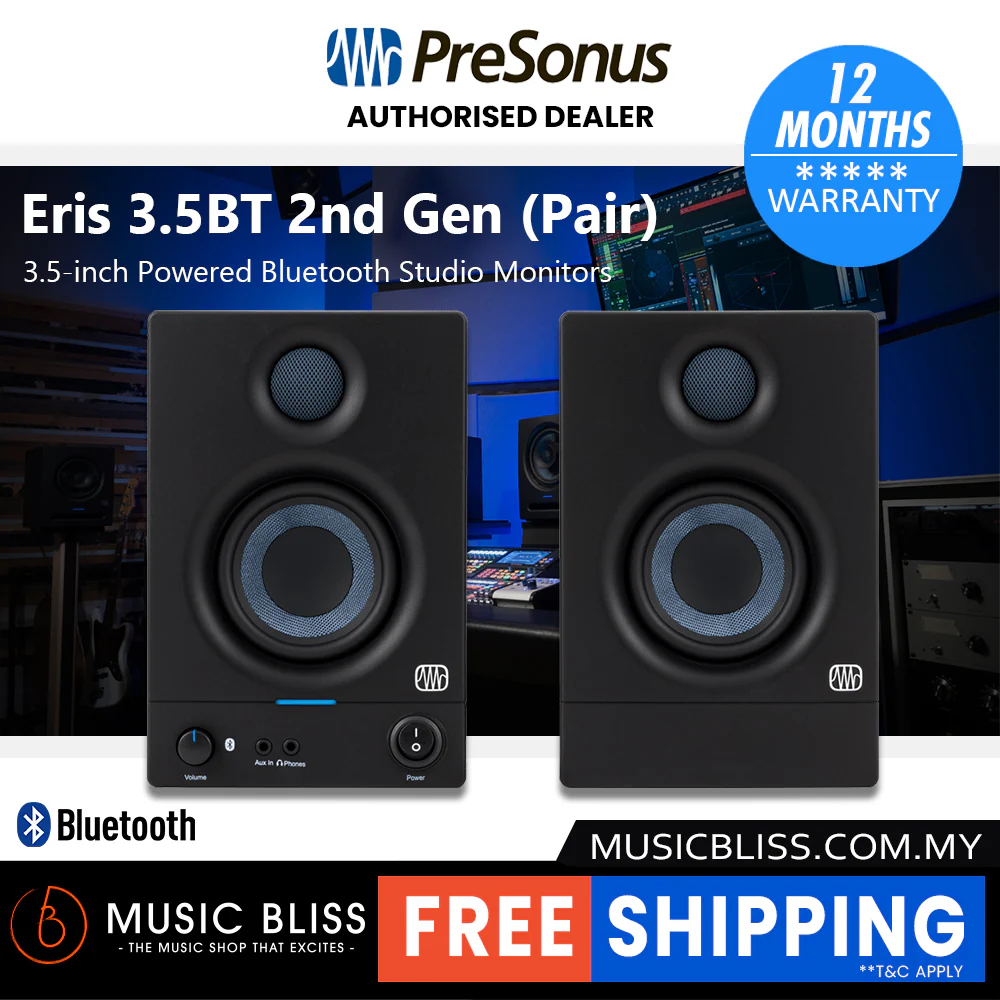 PreSonus Eris 3.5BT (2nd Generation) 3.5-inch Powered Bluetooth Studio Monitors, Active Monitor Speakers for Desktop, Turntable, Record Player, Bookshelf, DJ Speakers - Pair