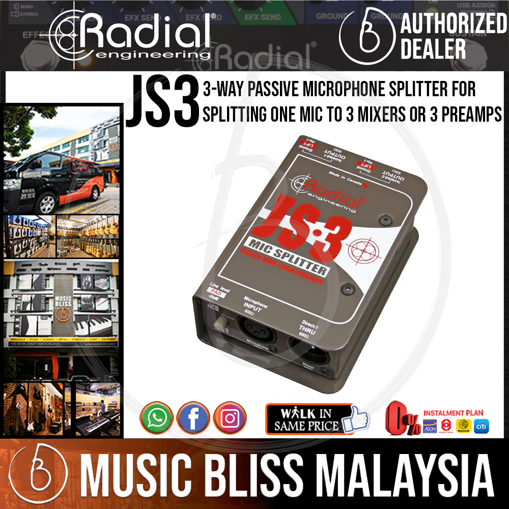 Radial Engineering JS-3 3-Way Passive Microphone Splitter For Splitting One Mic to 3 Mixers or 3 Preamps