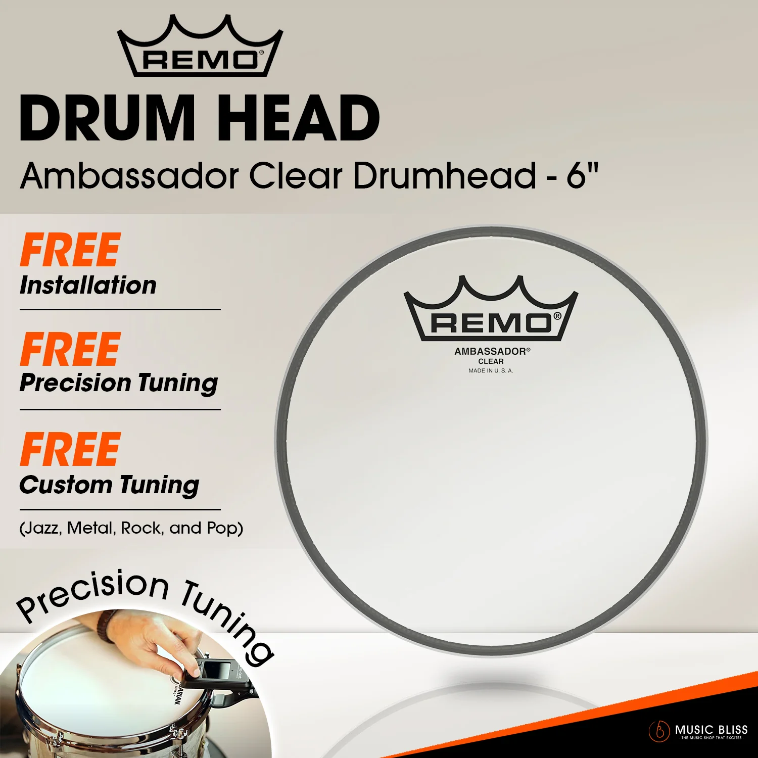 Remo Ambassador Clear Drumhead (Available in sizes 6"-18") [Free In-Store Installation]