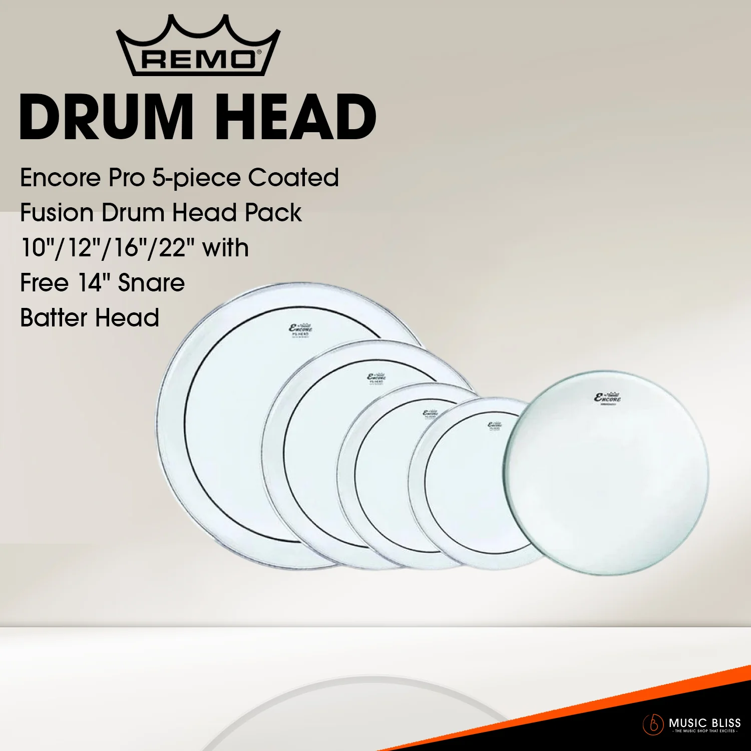 Remo Encore Pro 5-piece Coated Fusion Drum Head Pack - 10"/12"/16"/22" with Free 14" Snare Batter Head