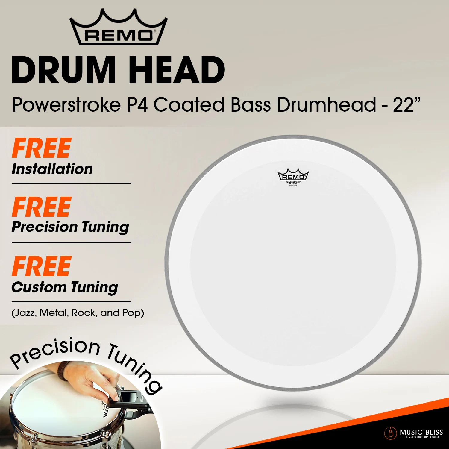 Remo Powerstroke P4 Coated Bass Drumhead - 22'' [Free In-Store Installation]