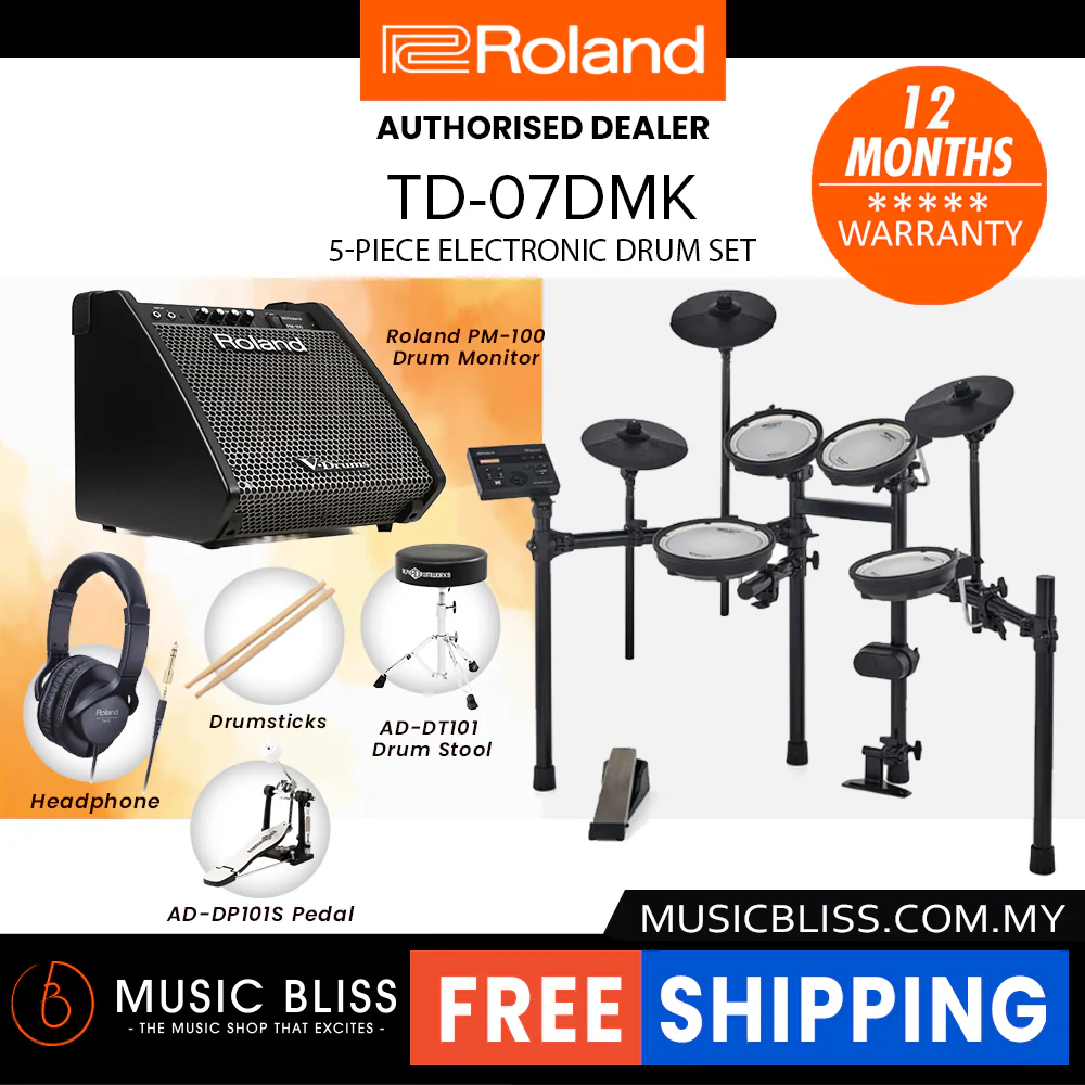 Roland V-Drums TD-07DMK Electronic Drum Set with RH-5 Headphone, Kick Pedal, Throne and Drumsticks - Image 3