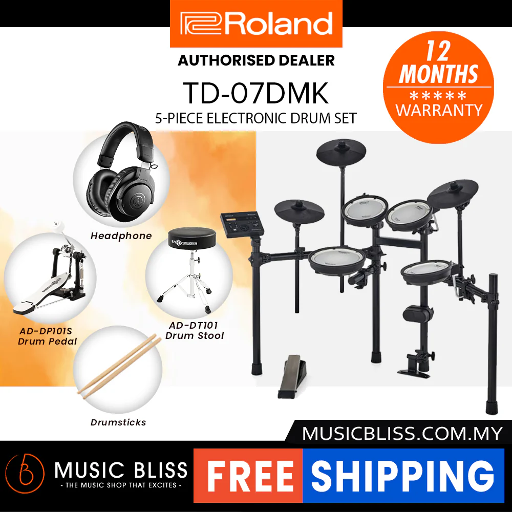 Roland V-Drums TD-07DMK Electronic Drum Set with RH-5 Headphone, Kick Pedal, Throne and Drumsticks - Image 8