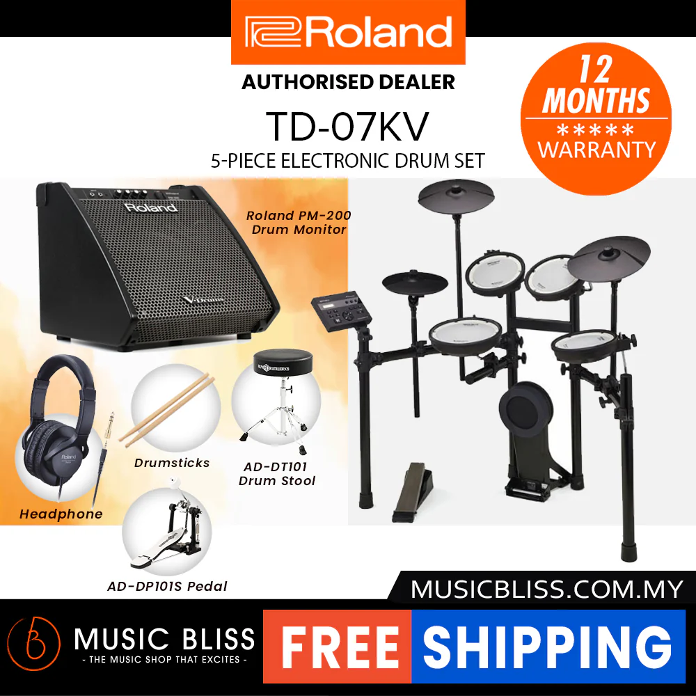 Roland V-Drums TD-07KV Electronic Drum Set with Headphone, Kick Pedal, Throne and Drumsticks - Image 3