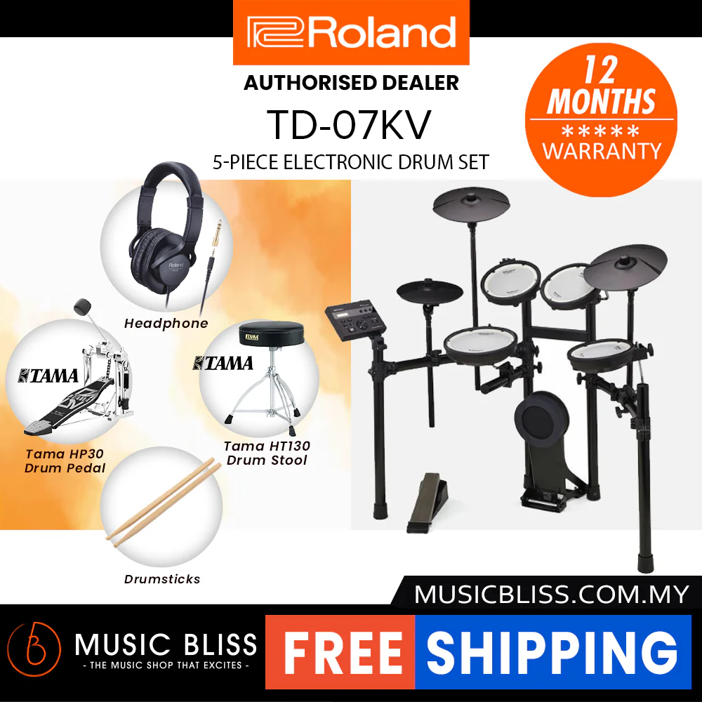 Roland V-Drums TD-07KV Electronic Drum Set with Headphone, Kick Pedal, Throne and Drumsticks - Image 6