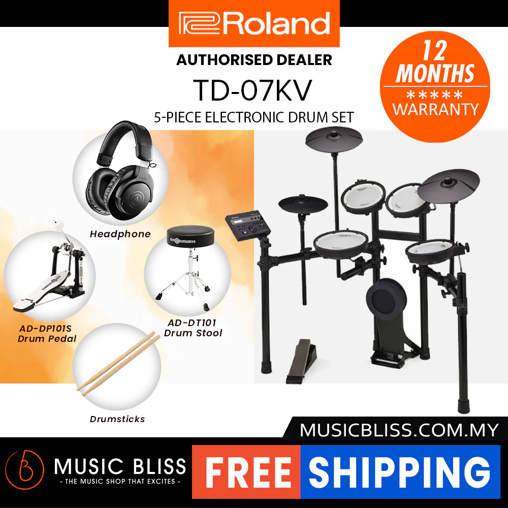 Roland V-Drums TD-07KV Electronic Drum Set with Headphone, Kick Pedal, Throne and Drumsticks - Image 8