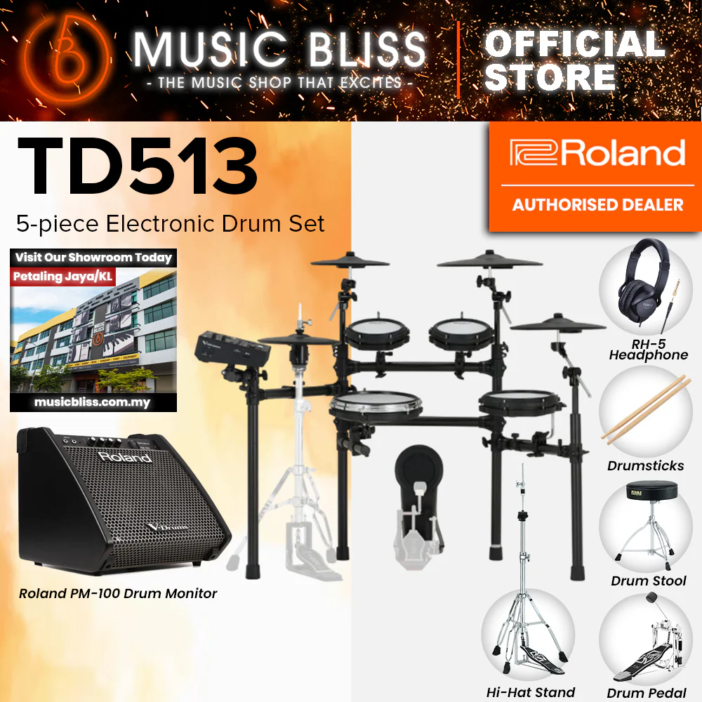 Roland V-Drums TD513 Electronic Drum Set with Headphone, Kick Pedal, Throne and Drumsticks - Image 6