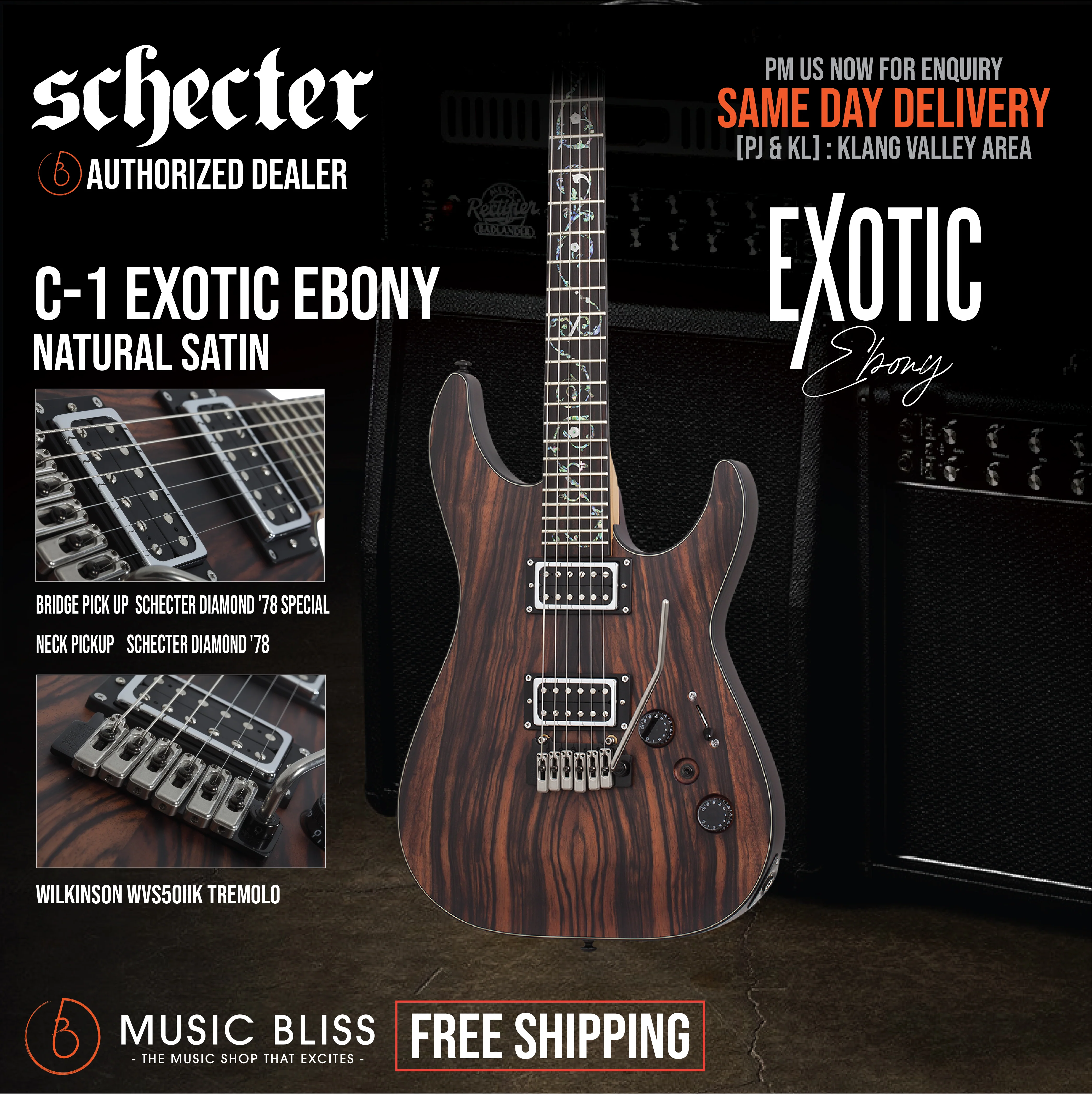 Schecter C-1 Exotic Ebony Electric Guitar - Natural Satin
