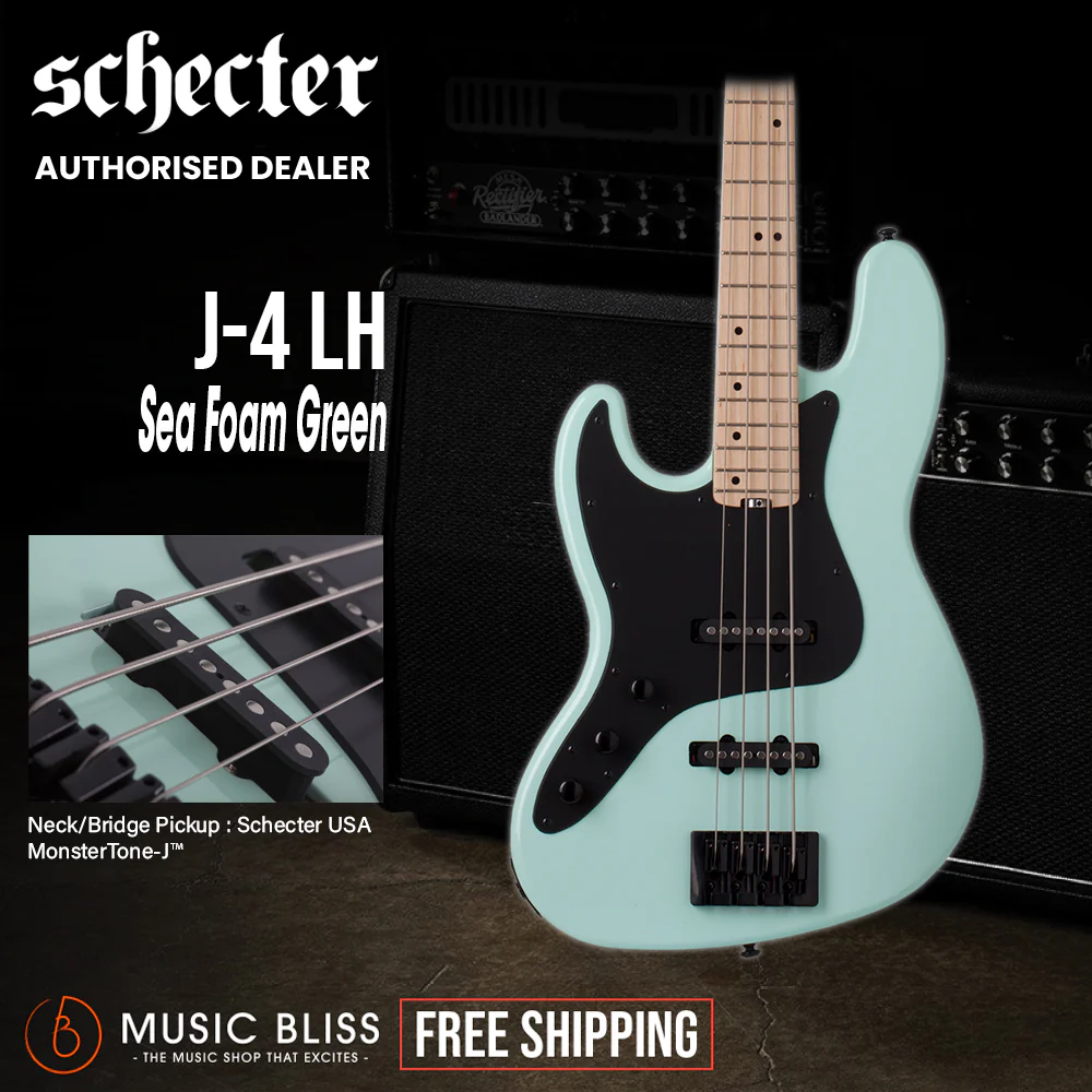 Schecter J-4 Maple FB Left-Handed Electric Bass Guitar - Sea Foam Green